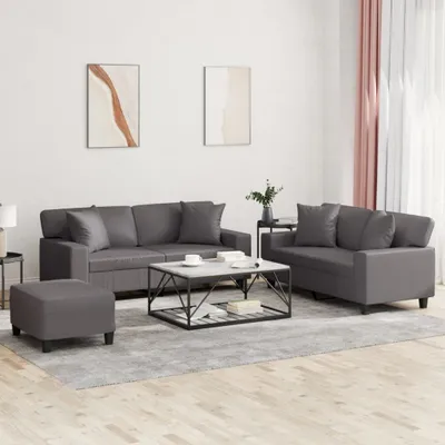 Produktbild von BEI CLORIS 3-tlg. Sofagarnitur mit Kissen Grau Kunstleder - Klassische Sofas Neu6612585 5parcel