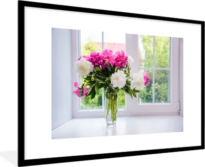 Produktbild von MuchoWow® MuchoWow® Gerahmtes Poster Blumen - Pfingstrosen - Vase 90x60 cm - Poster mit zchwarzem Bilderrahmen - Wanddekoration - Fotos