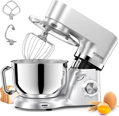 Produktbild von Küchenmaschine, POWWA 6,2 L Rührmaschine Knetmaschine, 6+1 Geschwindigkeit Teigmaschine,1500W Teigknetmaschine mit Schneebesen, Knethaken, Rührbesen