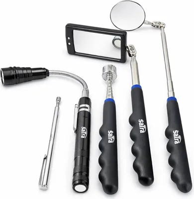 Immagine prodotto di Set magnetico pickup, specchio di ispezione telescopico, specchio rotondo, quadrato specchio con luce LED, manico telescopico per angolo visione extra, kit strumento di prelievo magnetico, asta di prelievo, con lampada a LED,5 pezzi