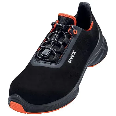 A black and orange safety shoe against a white background.