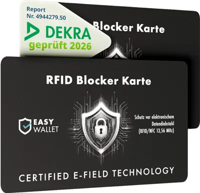 Produktbild von EasyWallet NFC/RFID Blocker Karte – E-Field-Störsender-Technologie für sicheren Kartenschutz – Extra dünn (0,84 mm) – Perfekt für jede Geldbörse (2x) – Optimaler Schutz