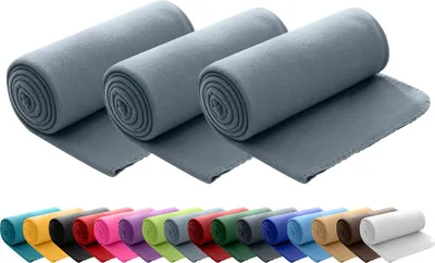 Three rolled up gray fleece blankets are shown at the top, with a row of different colored rolled up blankets below.