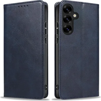 A blue leather flip cover phone case is shown from two angles.