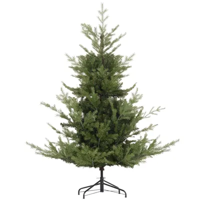 A green artificial Christmas tree on a black stand, isolated on a white background.