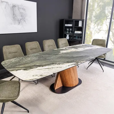 Produktbild von riess-ambiente Ausziehbarer Esstisch ELEMENTS 180-260cm taupe grau spanische Keramik Walnuss Gestell