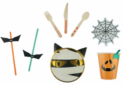 Zdjęcie produktu dla Zestaw naczyń na imprezę halloweenową, 54 elementy, kolorowy –