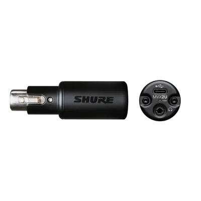 Produktbild von Shure MVX2U XLR-auf-USB-Digitalinterface mit Kopfhörerbuchse, integriertem Vorverstärker mit 60dB Verstärkungsregelung, Zero-Latency Monitoring, 48V Phantomspeisung, ShurePlus Desktop App, USB-C Kabel