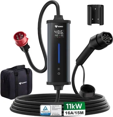 Productafbeelding van Mobiele Wallbox 11 kW 15 m, Type 2 Oplaadkabel Driefasig CEE 16A, instelbaar 6A/8A/10A/16A met timerfunctie | lekbescherming | temperatuurbewaking | aardingscontrole | IP66