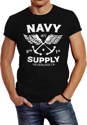 Produktbild von Cooles Herren T-Shirt New Nautical Maritim Anker mit Flügeln Navy Supply Vintage Neverless® schwarz XS
