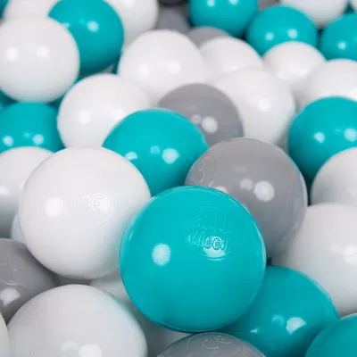 Immagine prodotto di KiddyMoon Kids 50 palline ∅ 7cm Palline da gioco per il bagno a palline Palline di plastica per bambini  EU, Grigio/Bianco/Tyrkys