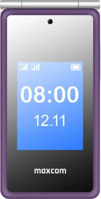 A close-up, front-facing view of a purple flip phone displaying the time and date on its screen.