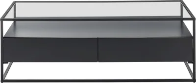 A black coffee table with a glass top and two drawers is shown against a white background.