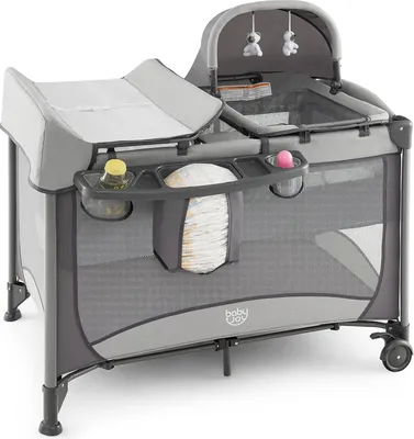 Produktbild von GOPLUS 5 in 1 Reisebett mit Wickelauflage Verdickte Matratze, Faltbares Babyreisebett mit Luftigen Seitenwänden Rollen Tragtasche, Babywiege mit Baldachin, Laufstall für Baby von 0-36 Monaten (Grau)