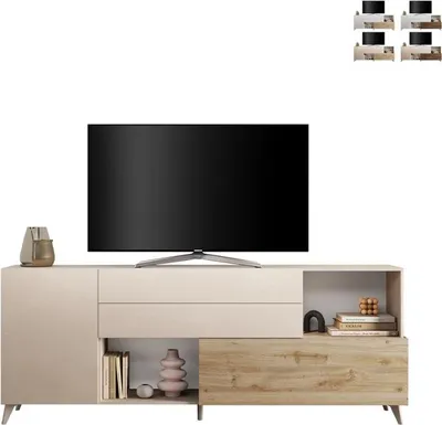 Produktbild von Modernes Küchen Sideboard Wohnzimmer weißes Holz 2 Türen Schubladen Maditha - Eiche - Weiß