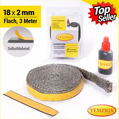 Immagine prodotto di Guarnizione per caminetti e stufe Temprix 18 x 2 mm - 3 metri, colla inclusa | Cordoncino ignifugo per stufe e caminetti e nastro sigillante resistente a temperature fino a 650 °C | Guarnizione per caminetti, stufe e barbecue