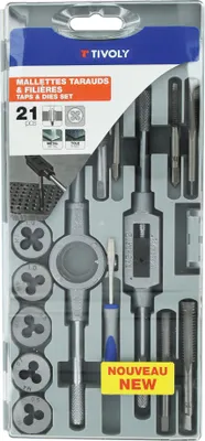 Image de Tivoly   21 pièces -9 tarauds M3 à M12 + 9 filières M3 à M12 + 1 tournevis + 1 porte-taraud + 1 porte-filière