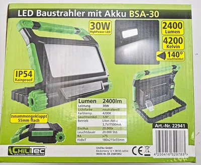 Image de Projecteur de chantier LED rechargeable 30W, 2400lm, IP54, vert