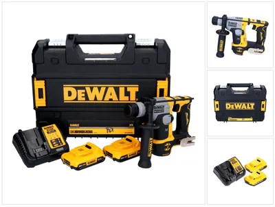 A collage of images showing a DeWalt rotary hammer drill kit, including the drill, batteries, charger, and carrying case.