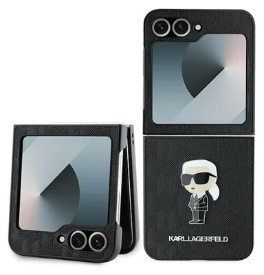 Image de KARL LAGERFELD Housse de téléphone portable compatible SAMSUNG Z Flip 6 KLHCZF6SAPKINPK (HC Saffiano Monogram Ikonik Pin) noir