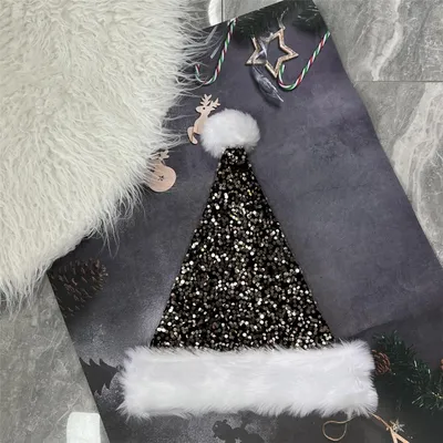 Produktbild von Weihnachtsmütze Samt mit Plüschrand Klassisch Nikolausmütze Kostümzubehör Schwarze Champagne