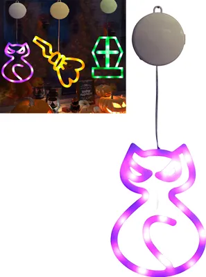 Productafbeelding van LED-raamverlichting, lichtketting, Halloween, katten, hangende lichtgordijnen voor Halloween, Pasen, Kerstmis, feestjes, balkon. Werkt op batterijen en wordt bevestigd met zuignappen