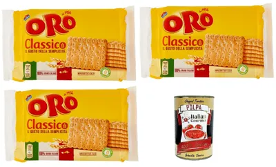 Produktbild von Oro Saiwa Biscotti Classici, Italienische klassische Kekse zum Frühstück, 100% italienischer Weizen, 3x 250 g + italian Gourmet polpa 400g