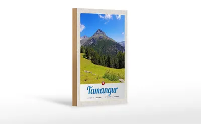 Produktbild von Holzschild Reise 12x18 cm Tamangur Schweiz Gebirge Wald Natur