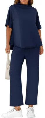 Produktbild von Imily Bela Damen-Zweiteiler-Set: Pullover-Top mit 3/4-Fledermausärmeln, Cape-Detail und Rundhalsausschnitt sowie Hose mit weitem Bein – Lounge-Set & Reise-Outfit