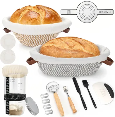 Produktbild von Gliese 21-teiliges Gärkörbchen set, Sauerteig Starter Set aus runden und ovalen Gärkörbchen aus Baumwollseil, Sauerteig Starterglas mit Backzubehör