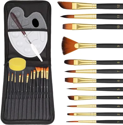 Produktbild von Pinselset Malen 15 Stück, Acrylfarben mal Pinselset, Künstlerpinsel Einschließlich 12 Bürste, Mischpalette, 1 Schwamm, Für Körperbemalung, Acryl, Aquarell
