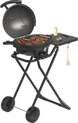 Produktbild von KitchenBrothers Elektrischer BBQ - Klappbar - Barbecue mit Rädern - Antihaftbeschichtung - Seitentisch - bis 250°C - 2400W - Schwarz