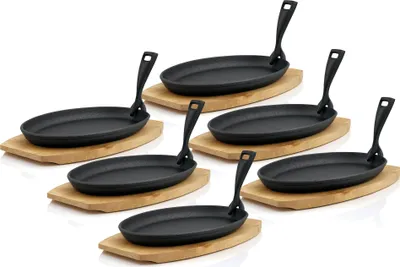 Obrázok produktu pre BBQ-Toro liatinová servírovacia miska s drevenou doskou (6 ks), 27 x 18 cm – oválna, čierna, už vypálená
