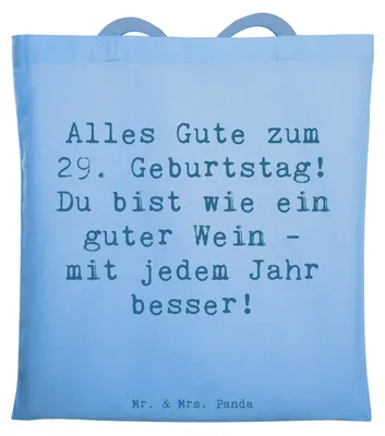 Produktbild von Mr. & Mrs. Panda Beutel Spruch 29. Geburtstag Glückwünsche - Sky Blue - Geschenk, Erinnerungen, Schultasche, Shopping Tasche, handgemachte Geschenke, Tote Bag, feiern
