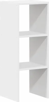 A white, three-shelf, stackable bookshelf shown from the front.
