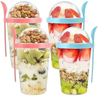 Zdjęcie produktu dla Zestaw 4 pojemników Unyqoos® do musli i jogurtu (2 niebieskie, 2 różowe) z łyżeczkami, pojemność 400 ml, dwuwarstwowa konstrukcja z tworzywa PP, szczelne i nadające się do mycia w zmywarce, idealne do zabrania ze sobą