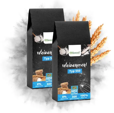 Produktbild von SANUUS® Weizenmehl 550 2x1kg aus dem Allgäu zum Backen & für Hefeteige, Brot, Pastateig oder Gebäck