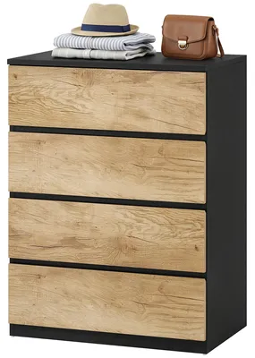 Produktbild von Kommode mit 4 Schubladen, geeignet fš¹r Wohnzimmer, Esszimmer und Flur, Schwarz und Eiche