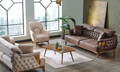 Produktbild von Sofagarnitur 3+3+1 Holz Wohnzimmer Luxus Sofa Chesterfield Stoff Neu Komplett