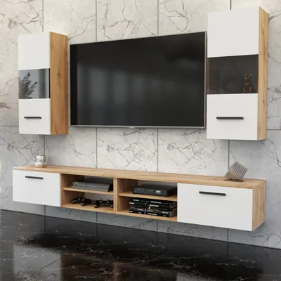 Zdjęcie produktu dla Blanco ® Meblościanka Zestaw mebli do salonu Wiszące meble do salonu DĄB WOTAN/BIAŁY MAT