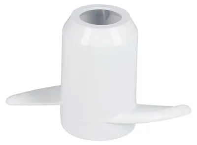 A white plastic dough hook attachment for a kitchen machine.