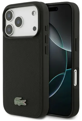 Productafbeelding van Lacoste iPhone 18 Pro hoesje, MagSafe, Petit Pique, zwart, met logo