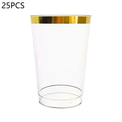 Produktbild von 25 pcs Saftbecher transparent großer Kapazität Plastik um Einweg -Wasserglas -Partyzubehör randet-Golden