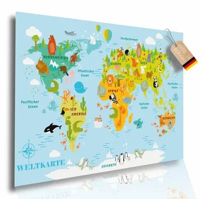 Produktbild von Lineo Bunte Weltkarte Kinder Poster 60 x 42 cm mit Tieren
