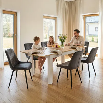 Produktbild von Homestyle4u Esstisch 86x135 bis 86x284 cm ausziehbar Weiß Wotan Eiche Esszimmertisch Holztisch