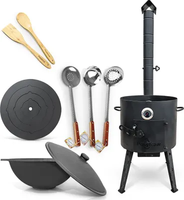 Produktbild von Gusseisen Kazan 12 L Kasan Казан mit Feuerofen Ø 40 cm. Schaumlöffel Herdplatte Thermometer