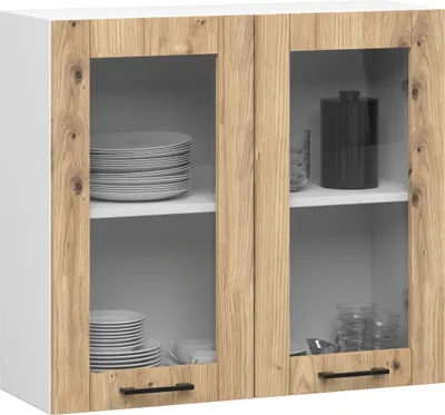 Obrázek produktu pro Kuchyňská nástěnná skříňka raumhirsch OLIWIA W80, vitrína, 2 dveře, Imitace dub Artisan, matná bílá barva, rozměry 80 x 30,5 x 58 cm