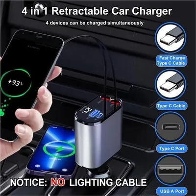 Immagine prodotto di Adattatore retrattile per presa di ricarica per auto 12 V USB C 60 W - Con cavo di tipo C - Voltmetro LED - Compatibile con iPhone iPad Samsung Huawei - Per auto, caravan, camper