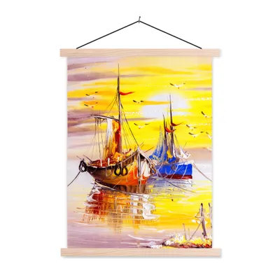 Produktbild von MuchoWow® Textilposter Malerei - Boot - Wasser - Ölfarbe 60x80 cm mit holzfarbenen Rahmen - Wandbild