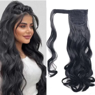 Image de Postiche queue de cheval, boucles, tresse, cheveux synthétiques noirs, longueur 50 cm